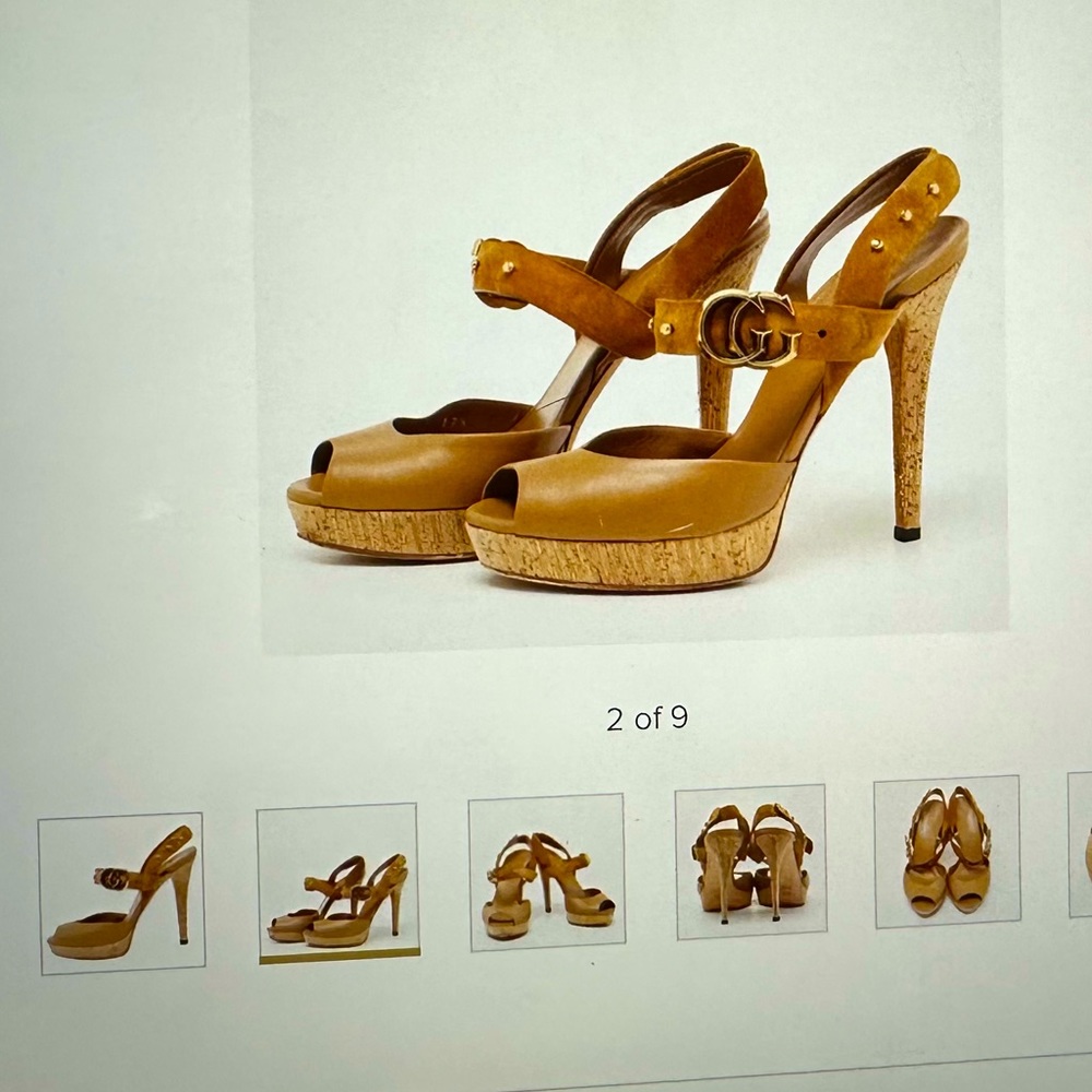 Gucci Leather and Suede GG Cork Platform Peep Toe Slingback Sandals 37